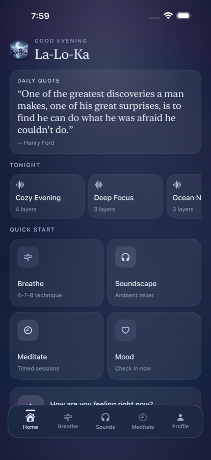 La-Lo-Ka home screen with meditation timer and saved sounds